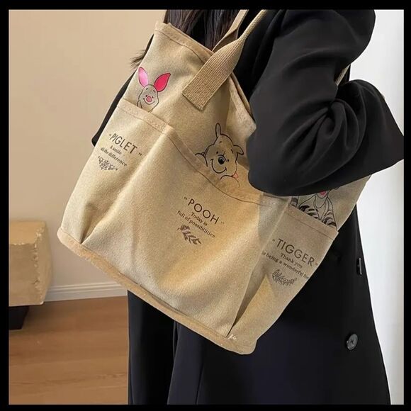 Adorable Retro Winnie the Pooh Tote Bag Canvas Shoulder Handbag Multiple Pockets - Picture 7 of 8